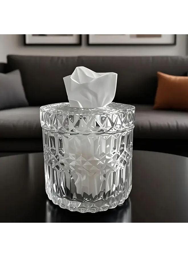 Crystal Glass Tissue Box Holder Diamond Pattern Round Storage 1pc Luxury Centerpiece - Image 2